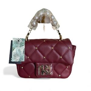 💖 NWT Badgley Mischka Merlot Quilted Mini Crossbody ✨ Pearl Handle + Stud Detail